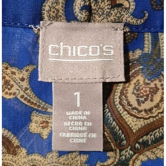CHICO'S Women Royal Ravish Elenor Long SL Pattern Blue Grotto Size 8 Sheer A11A - Picture 4 of 7